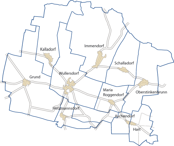 Die Aufteilung der Marktgemeinde Wullersdorf in die einzelnen Katastralgemeinden